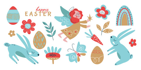 Cute Easter set. Spring collection of animals, angel, flowers and decorations. For card, poster, scrapbooking, stickers.