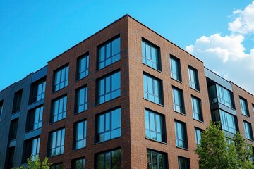 Fototapeta premium Modern School Building Features Eco-Friendly Design and Spacious Windows. Generative AI