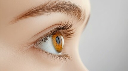 Obraz premium Close Up of a Woman's Eye - A detailed close-up of a woman's eye, showcasing beautiful amber color and long eyelashes. High-resolution ideal for ophthalmology, beauty, or healthcare