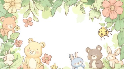 Obraz premium Cute animals, flowers, and leaves frame, blank space for text