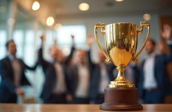 Golden trophy in focus, people celebrate success in blurred background. Corporate teamwork concept, company recognition. Reward, achievement, winning, leadership. Celebration of business culture,