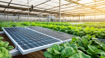fuzzy sustainable agriculture with solar panels in modern greenhouse setting,agricultural setup concept