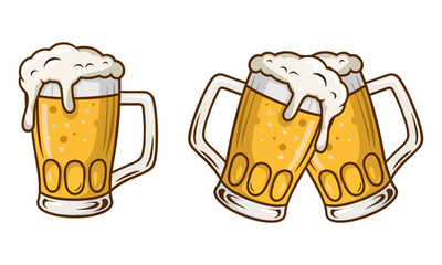 Frothy Beer Mug Vintage Style Vector Illustration – Cheers Toast, Clinking Glasses, Refreshing Lager with Foam. Bar, Pub, Oktoberfest, Celebration Icon