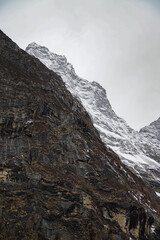 Majestic snow-capped mountains rise above rugged terrain himalayas landscape photography mountainous environment wide angle view nature beauty