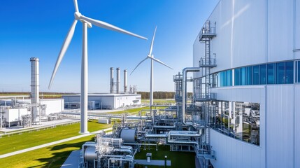 Fototapeta premium Eco-Friendly Energy Power: Wind Turbines at a Wind Farm Spinning under Clear Blue Sky