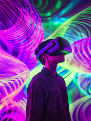 Fototapeta premium Exploring virtual reality with vibrant light patterns in a futuristic setting