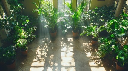 Lush Indoor Garden with Sunlight Beaming Through Windows