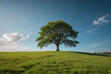 Obraz premium there is a lone tree in a grassy field with a blue sky