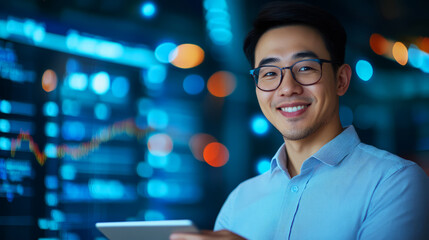 Young Professional Man Smiling with Tablet in Front of Digital Financial Background
