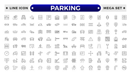 parking outline icons related to road, street, drive, crosswalk, highway, traffic, lights, gps, bridge, roundabout, directions, barrier.