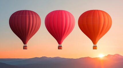 Obraz premium Colorful Balloons Over Sunrise Mountains - Three hot air balloons ascend at sunrise, symbolizing adventure, freedom, dreams, journey, and exploration