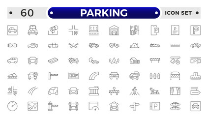 parking outline icons related to road, street, drive, crosswalk, highway, traffic, lights, gps, bridge, roundabout, directions, barrier.