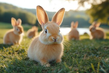 Obraz premium Cute Rabbits Play Joyfully on Green Grass by a River Under a Clear Sky. Generative AI