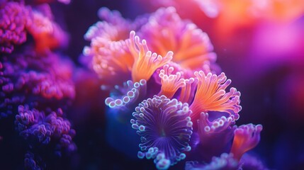 Colorful sea anemone glowing in the depths of a coral reef ecosystem during daylight hours