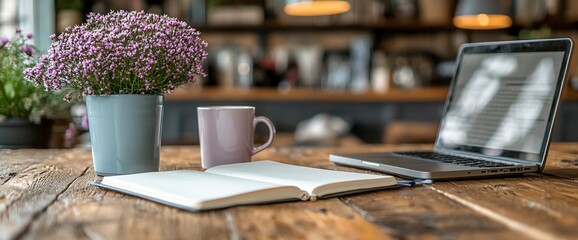 Cozy workspace with laptop, notebook, mug, and flowers on rustic wooden table.