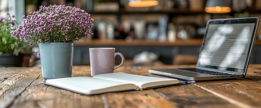 Cozy workspace with laptop, notebook, mug, and flowers on rustic wooden table.