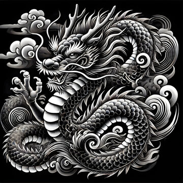 Detaillierter, majest&auml;tischer chinesischer Drache in Schwarz-Wei&szlig;, umgeben von Wolken und Wind. Kraftvolle Symbolik und traditionelle asiatische Kunst