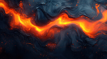 Fototapeta premium Abstract wallpaper mimicking flowing lava with glowing red and orange streaks against a black surface