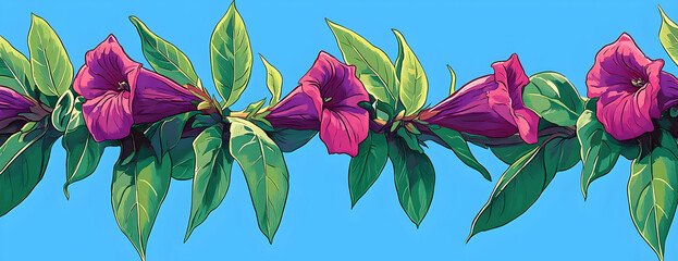 Purple flowers, vibrant sky, botanical art