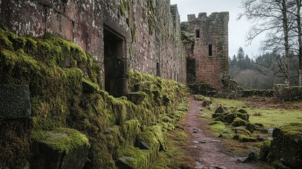 Fototapeta premium Moss-Covered Stone Walls of an Ancient Castle Ruin in Nature