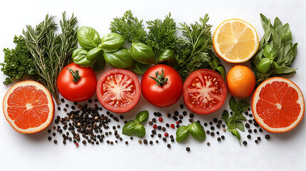 A vibrant assortment of fresh vegetables, herbs, and spices arranged around a white background, leaving space for text or design. The image represents healthy eating, organic food, and culinary creati