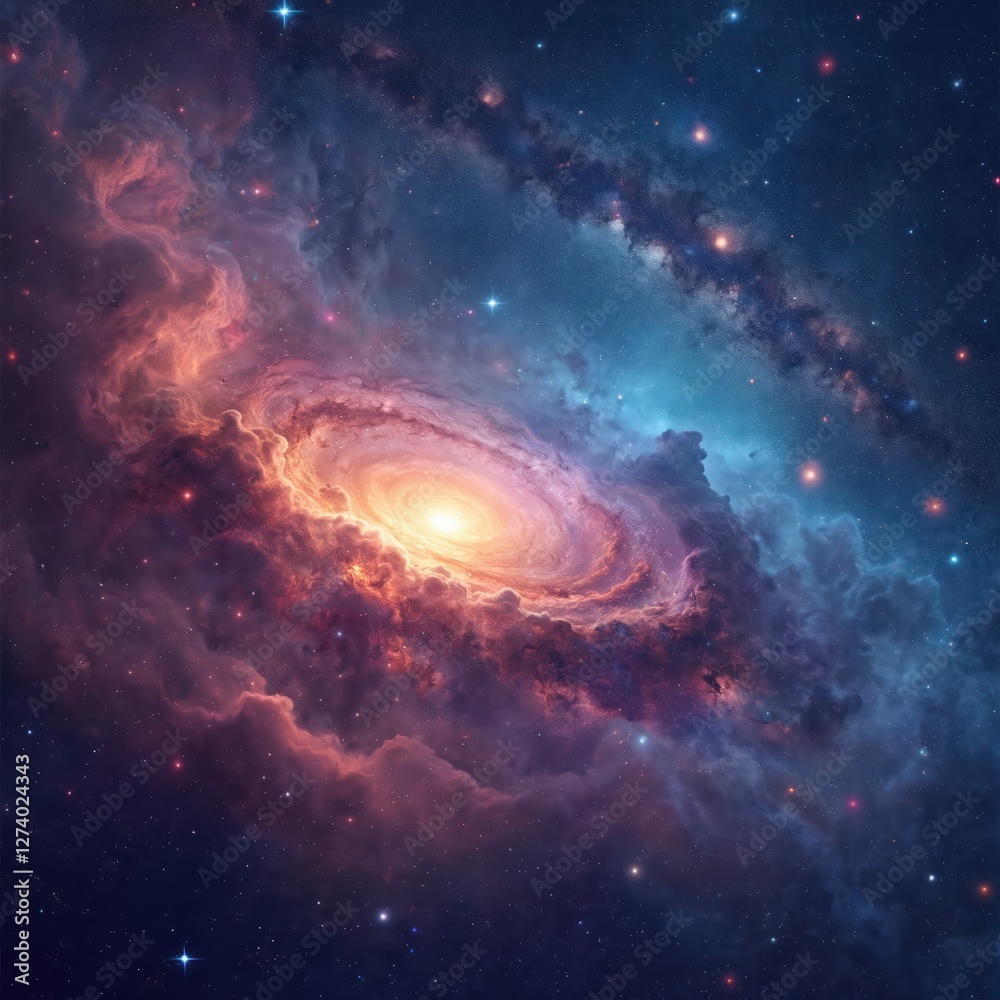 Aufkleber Illustration of universe background with stardust, shining stars. Colorful cosmos with nebula, milky way. Galaxy backdrop. Outer space. Infinite universe graphic with stardust and starfield.