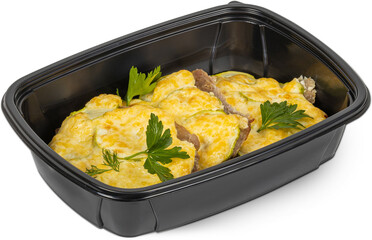 A black plastic container that is filled with food on a white background