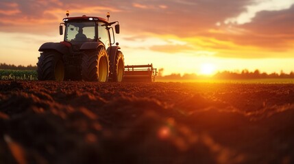 Fototapeta premium Tractor at sunset on plowed field with vibrant sky.