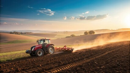 Obraz premium Red tractor plowing field at sunset in scenic countryside landscape.