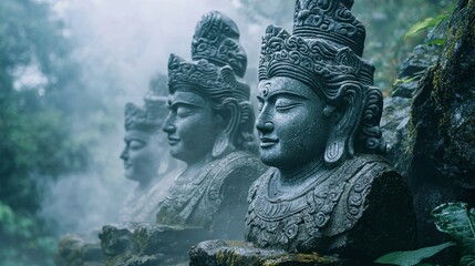 Fototapeta premium Serene Stone Statues Amidst Misty Jungle Landscape in Tranquil Setting