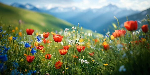 field of poppies A vibrant, cinematic shot of wildflowers, against a bright hills, with the camera capturing a slight movement