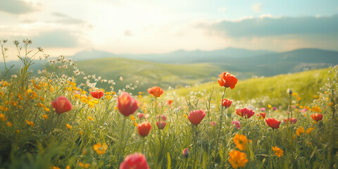 poppies in the field A vibrant, cinematic shot of wildflowers, against a bright hills, with the camera capturing a slight movement