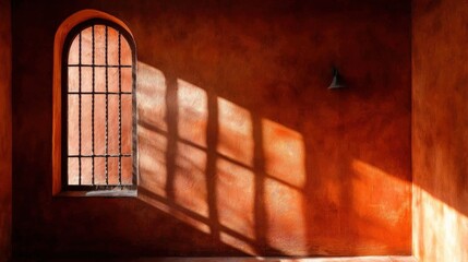 Obraz premium Warm Terracotta Interior with Unique Window and Shadow Play