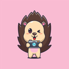 Fototapeta premium hedgehog mascot cartoon character vector illustration with camera