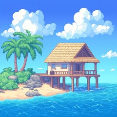 Pixel Art Serene Tropical Island with Palm Trees and Cozy Waterfront Cabin