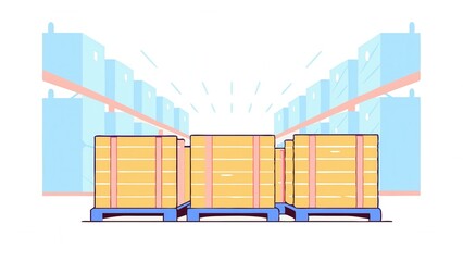Warehouse interior with stacked wooden pallets in a spacious storage area.