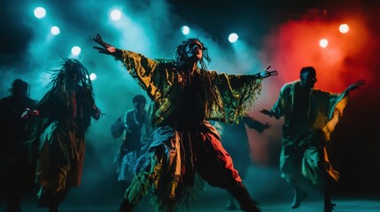Fototapeta premium Dramatic performance featuring dancers in flowing gowns amidst a backdrop of vibrant flames at night