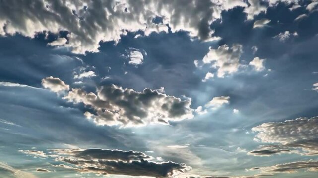 clouds over the city. Above white clouds. Flying through heavenly beautiful sunny cloudscape. Amazing timelapse of white fluffy clouds moving softly on the sky and the sun shining above the clouds wit