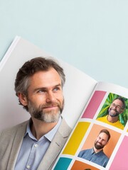 Fototapeta premium Confident mature caucasian male in magazine with diverse portrait gallery.