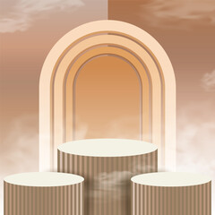 Empty podium and a beautiful archway stand in the background. Podium for product display.