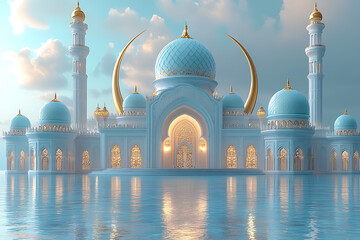 A beautifully stylized mosque inside a crescent moon, set against a soft blue background. The intricate design symbolizes Islamic culture, spirituality, and Ramadan celebrations