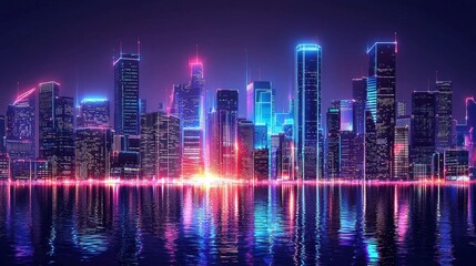 Vibrant Night City Skyline with Neon Lights Reflected in Water