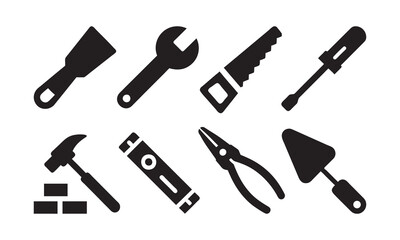 Vector Icons of Essential Construction and Repair Tools, silhouette, vector illustration
