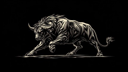 Powerful bull silhouette, aggressive stance, dark background, graphic art, for use in posters or branding