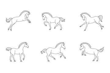 Set of six black and white line drawings of horses in different dynamic poses
