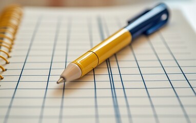Yellow and blue pen on grid notebook.