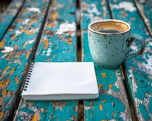 Coffee cup and blank notebook on rustic wooden table.
