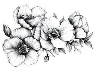 Elegant floral arrangement with delicate anemone flowers in monochrome artistic drawing