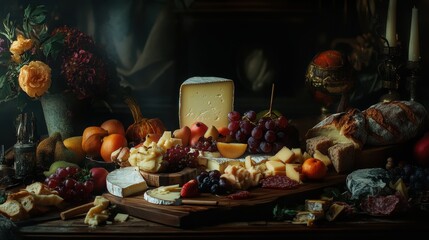 Cheese and fruit platter arranged elegantly on a rustic wooden table with various accompaniments and drinks