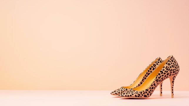 Stylish leopard print high heels placed elegantly against a pastel pink backdrop in a modern setting, trend 2025 - Powered by Adobe